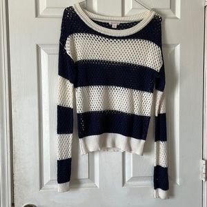 xhilaration navy white Fishnet ribbed long sleeve see through knitted sweater M